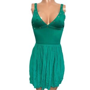SEXY MOTEL ROCKS ASOS GREEN STUDDED SKATER ST PAtrick's CLEAVAGE DRESS NEW XS